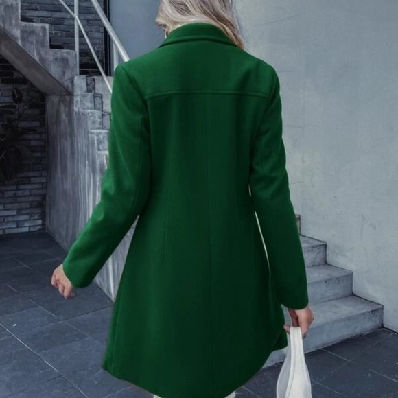 Double Breasted Lapel Collar Button Up pocketed Overcoat GREEN - Picture 4 of 8